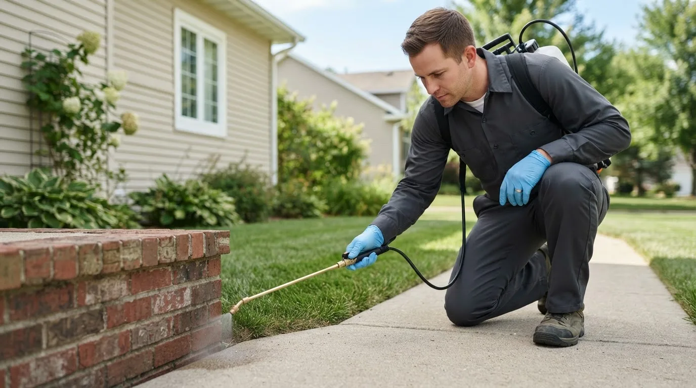 Pest control technician treating a home near Frisco, TX